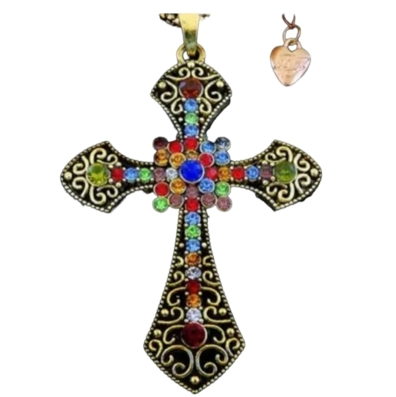 Betsey Johnson Cross necklace gold tone, multi color rhinestones NWT - Picture 5 of 6